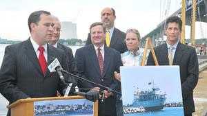 Mayor Will Flanagan announces the first run of the Fall River to Block Island Ferry during a press conference in May 2012 on the State Pier.