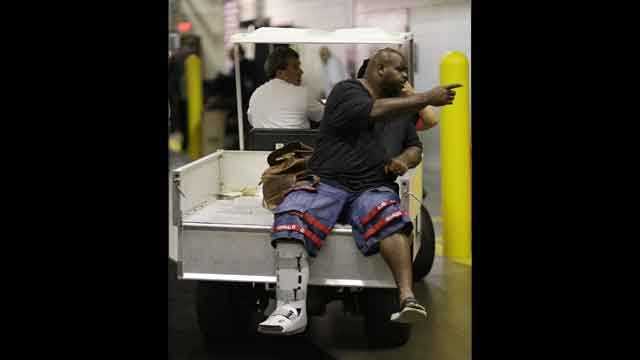 New England Patriots defensive tackle Vince Wilfork is transported out of the Georgia Dome after he was injured during the second half of an NFL football game against the Atlanta Falcons, Monday, Sept. 30, 2013, in Atlanta. The Patriots won 30-23.
