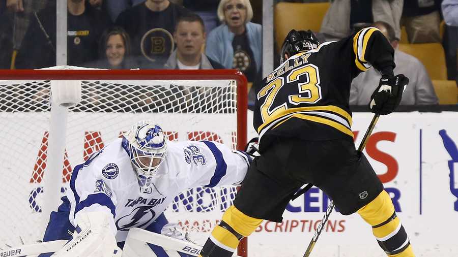 Boston Bruins' Chris Kelly (23) sets up to score on a penalty shot against Tampa Bay Lightning's Anders Lindback in the first period of an NHL hockey game in Boston, Oct. 3, 2013.