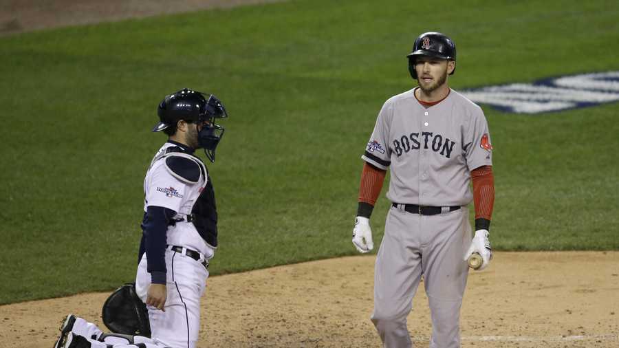 Boston Red Sox's Stephen Drew walks off after striking out in the sixth inning during Game 4 of the American League baseball championship series against the Detroit Tigers, Wednesday, Oct. 16, 2013, in Detroit. 