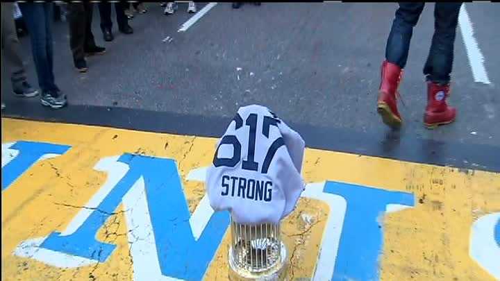 The World Series Trophy on the Finish Line of the Boston Marathon. Boston Strong