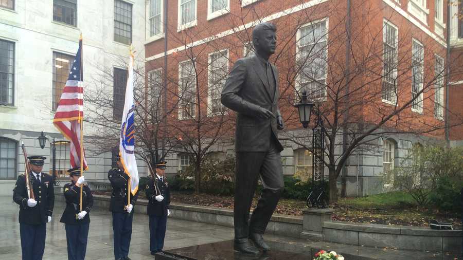 A statue of John F. Kennedy on the lawn of the Massachusetts Statehouse is open to the public for viewing as the state marks 50 years since Kennedy's assassination in Dallas.