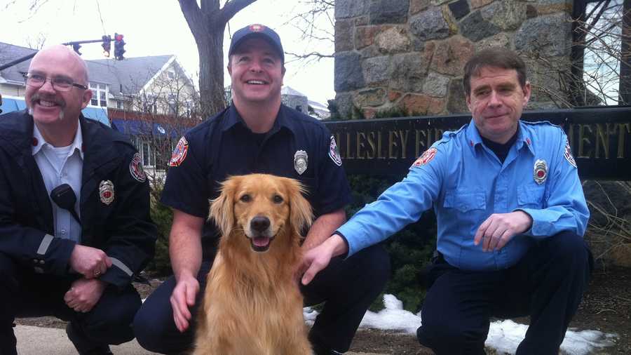Crosby with Wellesley Fire Capt. Jim Dennehy (L), firefighter Dave Papazian and Lt. Paul Delaney (R).