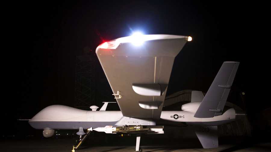 An MQ-9 Reaper sits on a ramp in Afghanistan Oct. 1. The Reaper is launched, recovered and maintained at deployed locations, while being remotely operated by pilots and sensor operators at Creech Air Force Base, Nev. 