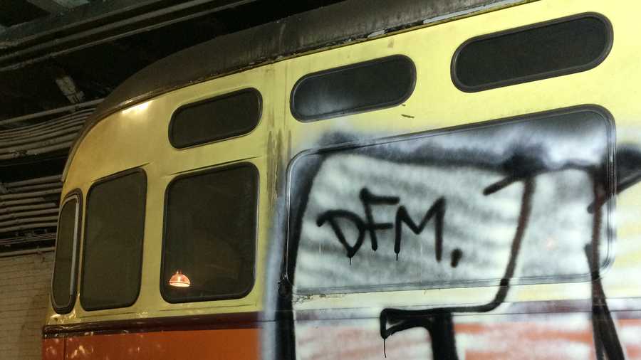 The MBTA said one of the antique cars was extensively defaced and another was also tagged.