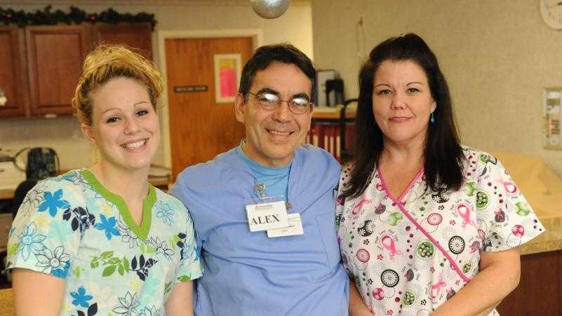 CNAs Kendra Potter, Alex DeMelo and Cindy Garnett at Charlene Manor where they work. DeMelo, a former actor in Brazil, took a five-week training program through Greenfield Community College.