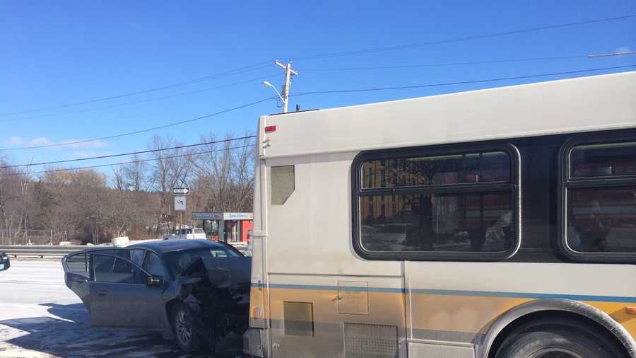 An MBTA bus was hit by a car in Randolph this morning, causing multiple injuries, police said.