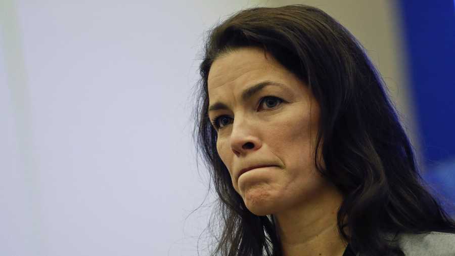 Former Olympic figure skater Nancy Kerrigan speaks after a screening of a new documentary about the 1994 attack on her which will air the day of the 2014 Winter Olympics closing ceremony, Friday, Feb. 21, 2014, in Sochi, Russia.