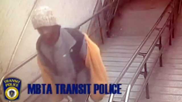 MBTA Police are looking for the man who was wearing a black and orange jacket and white hat seen on surveillance cameras before they say he harassed a child on a train.