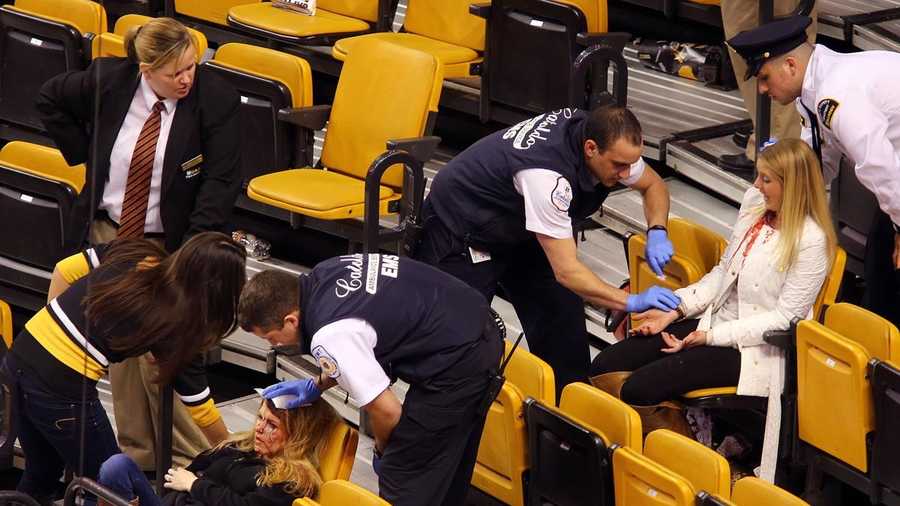 Two women were injured Thursday when netting fell on them at a Bruins game at the TD Garden.  (Photo Courtesy:  John Tlumacki/Boston Globe)