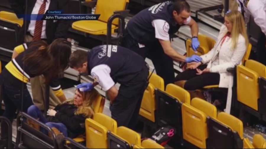 The family of one of the women injured at the TD Garden after a Bruins game Thursday night says her injuries could have been much worse.