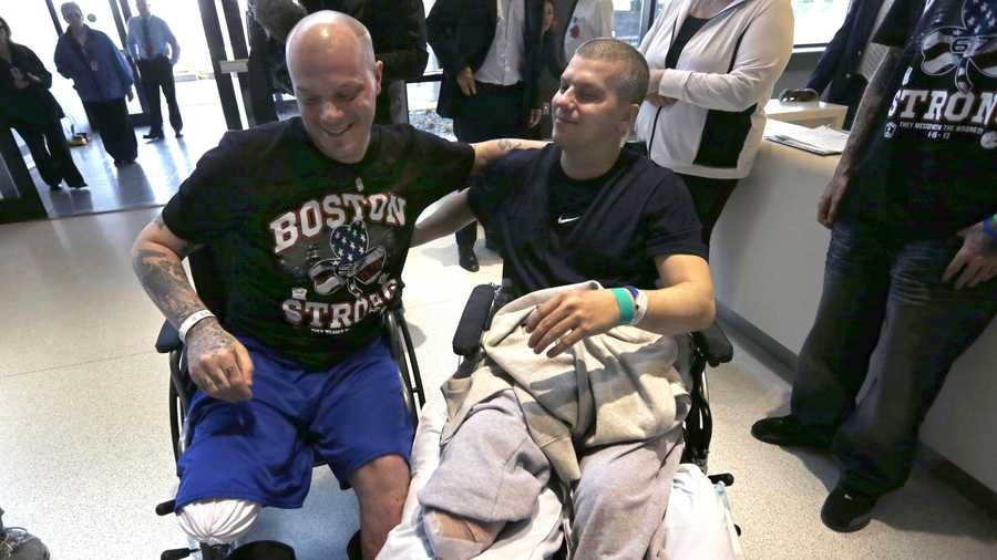 Paul Norden, left, and his brother J.P., both suffering limb-loss and major blast-related injuries in the Boston Marathon bombing. This picture is from Spaulding Rehabilitation Hospital in Boston on May 13, 2013.