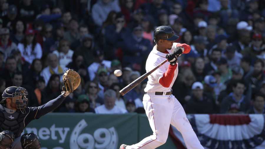 Boston Red Sox's Xander Bogaerts takes an at bat as Milwaukee Brewers catcher Jonathan Lucroy, left, waits for the ball in the fourth inning of a baseball game Sunday, April 6, 2014, in Boston. (AP Photo/Steven Senne)