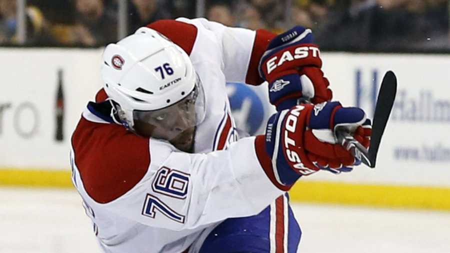 Montreal Canadiens' P.K. Subban follows through on his game-winning goal in the second overtime period against the Boston Bruins in Game 1 of an NHL hockey second-round playoff series in Boston, Thursday, May 1, 2014. The Canadiens won 4-3. 
