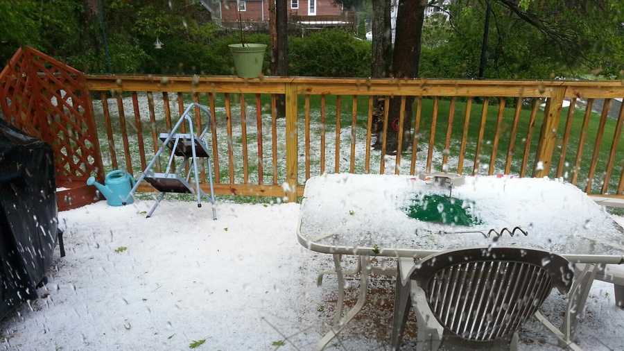 Hail on a porch in Leicester.
