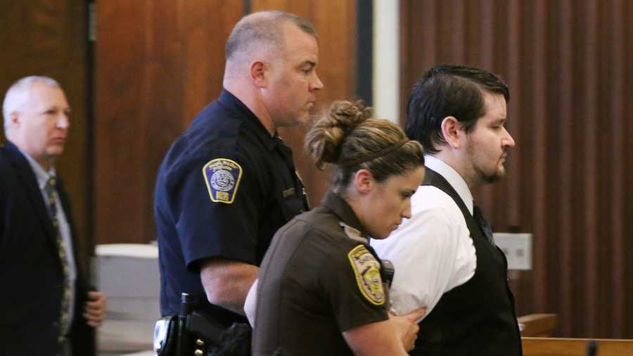 Defendent Seth Mazzaglia, right, is lead from the courtroom Friday, June 27, 2014 in Strafford County Superior Court in Dover, N.H. after he was found guilty of murder for the the Oct. 9, 2012 strangulation death of 19-year-old Elizabeth "Lizzi" Marriott, who was a student at the University of New Hampshire.
