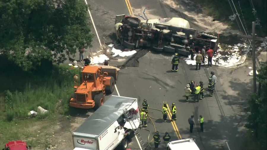 A cement truck collided with a box truck in Walpole.