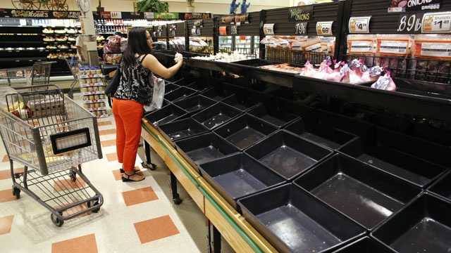 A shopper examines produce near empty bins in a Market Basket grocery store, Tuesday, July 22, 2014, in Chelsea, Mass.