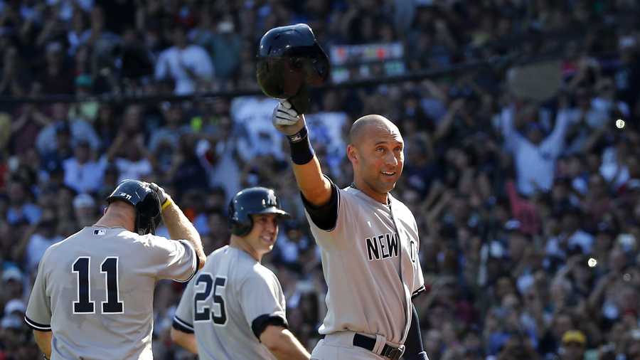 New York Yankees Derek Jeter celebrates hit on last time at bat