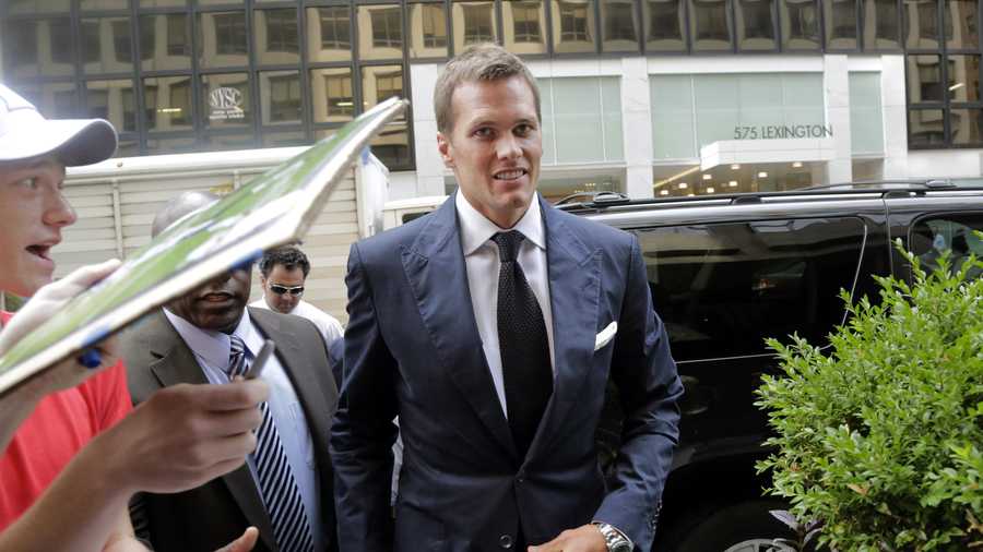 New England Patriot's quarterback Tom Brady arrives for his appeal hearing at NFL headquarters in New York, Tuesday, June 23, 2015. Brady and representatives from the players' union are meeting with Commissioner Roger Goodell as the New England quarterback appeals his four-game suspension.