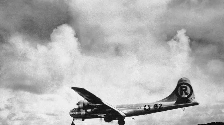 In this Aug. 6, 1945 file photo, the "Enola Gay" Boeing B-29 Superfortress lands at Tinian, Northern Mariana Islands after the U.S. atomic bombing mission against the Japanese city of Hiroshima.