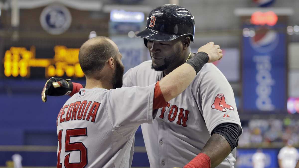 Boston Red Sox's Manny Ramirez hugs teammate David Ortiz (34