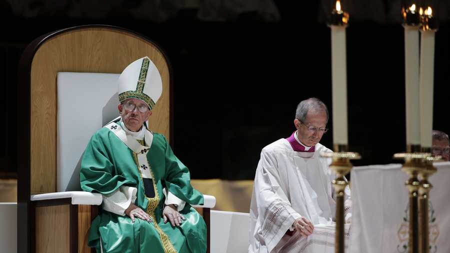 Pope Francis listens to the readings while celebrating Mass at Madison Square Garden, Friday, Sept. 25, 2015, in New York. (AP Photo/Julie Jacobson, Pool)