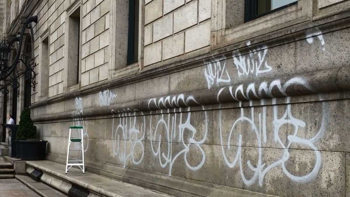 Vandal scrawls graffiti on Boston Public Library