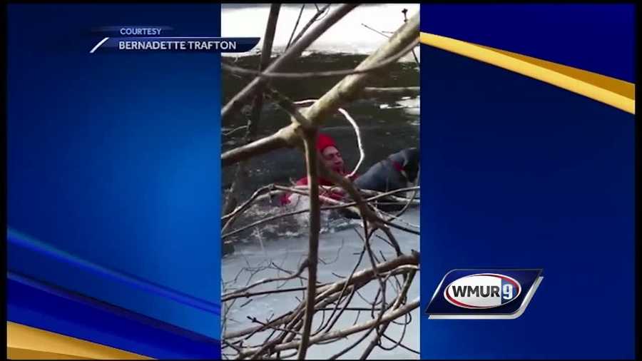 A woman in Derry recorded a video of firefighters rescuing her dog from an icy backyard pond Tuesday.