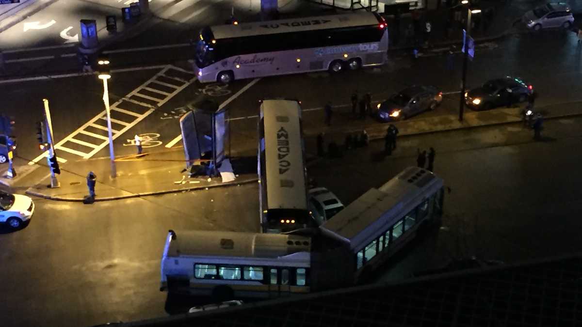 Charter bus slams into MBTA bus, cars in Boston