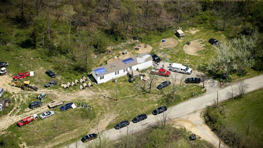 This aerial photo shows one of the locations being investigated in Pike County, Ohio, as part of an ongoing homicide investigation, Friday, April 22, 2016. 