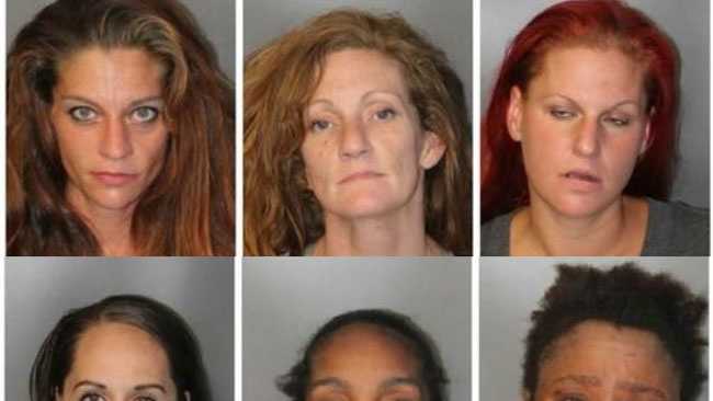 Top row, left to right, Elizabeth Gagnon, 30, Emily Bennett, 41, Erika Comeau, 33, and bottom row, left to right, Bianca McDonald, 27, Kimberly Silva, 29, and Kim Headley, 43, were all arrested in a prostitution sting in Brockton Thursday, July 29, 2016.