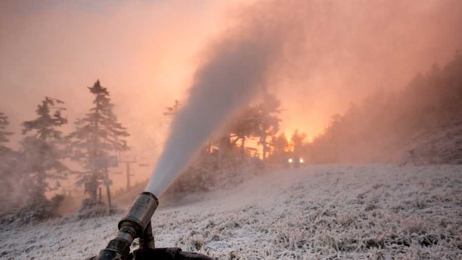 In this photo provided by Killington Ski Resort, snowmaking is underway on the resort's North Ridge trails.