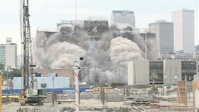 The Grand Palace Hotel came crashing down on Sunday morning in a planned implosion.