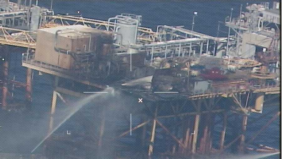 Commercial vessels extinguish a platform fire on board West Delta 32 approximately 20 miles offshore Grand Isle, La., in the Gulf of Mexico. First responders medevaced nine of the platform's 22 personnel to nearby rigs.