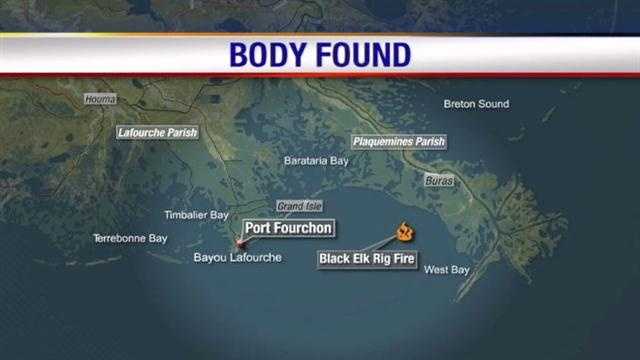 A body has been found in the Gulf of Mexico Tuesday. It was located about 3 miles off shore and about 25 miles from the platform that caught fire almost 2 weeks ago.