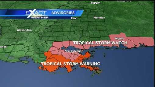 Tropical Storm watches and warnings remain in effect for southeast Louisiana and south Mississippi as of 1 p.m. Saturday.
