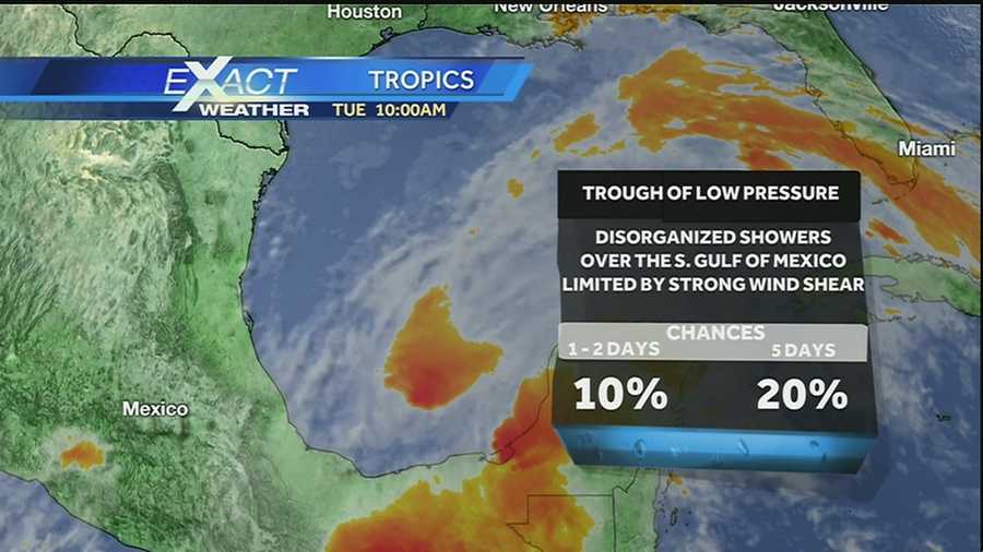 WDSU Exact Weather meteorologist Kweilyn Murphy explains what the area in the Gulf of Mexico, which has a 10 percent of tropical development, could mean for the Gulf Coast.