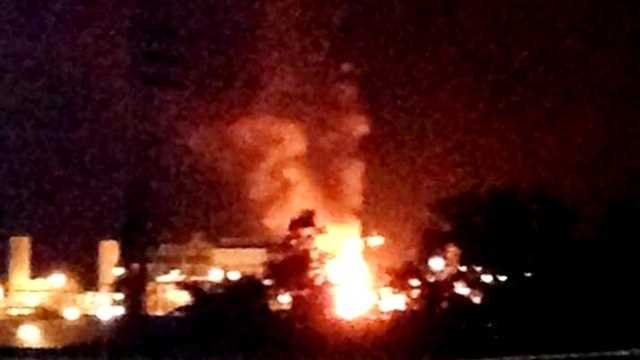 Flames shoot into the air from a diesel plant in Norco following an explosion
