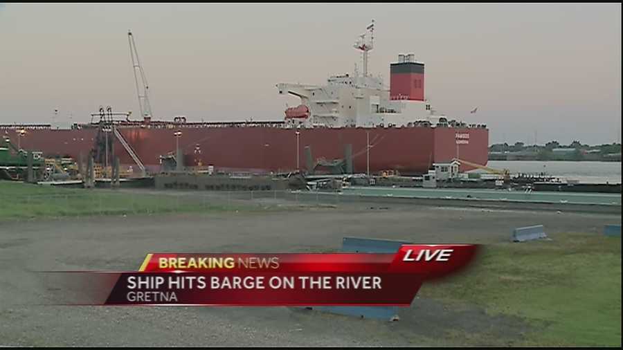 A ship hit a barge and another boat docked at tank terminals near Gretna.