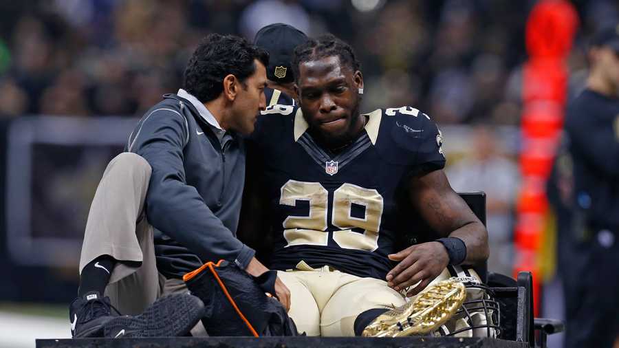 New Orleans Saints running back Khiry Robinson (29) is carted off the field after being injured in the first half of an NFL football game against the New York Giants in New Orleans, Sunday, Nov. 1, 2015.