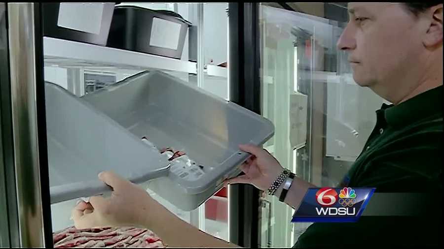 Some of the bins in the coolers at the Blood Center's bank in Mid-City are empty. Officials said they typically keep 3-5 days’ worth of blood on hand. There is only enough available for one day.