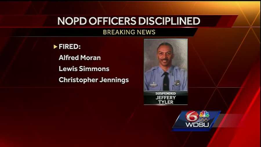Three officers have been fired and another one has been suspended after a prisoner was struck while handcuffed last September at the Eighth District, police said.