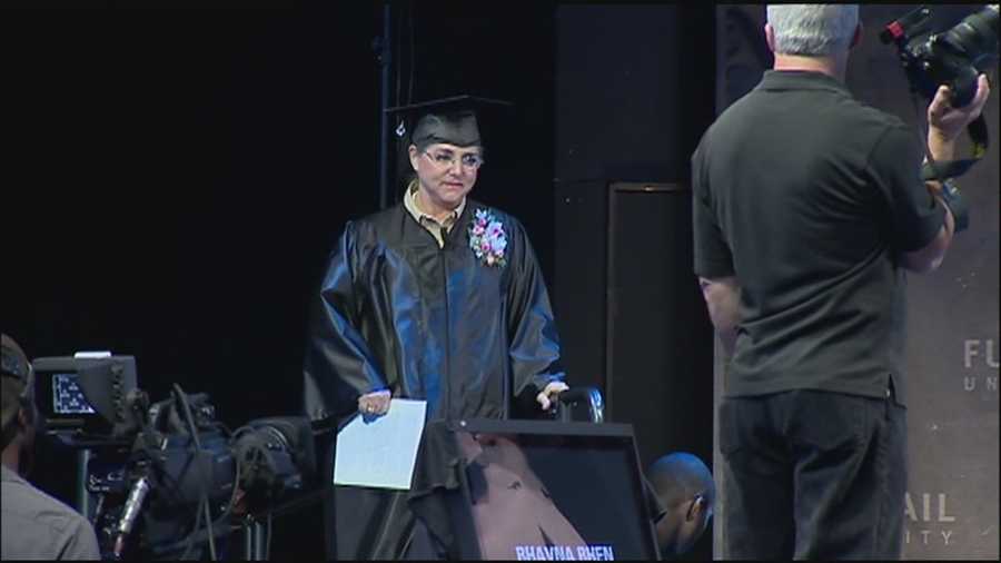 A woman who never gave up on her dream to graduate from college walked the stage Friday at Full Sail's commencement ceremony even after suffering a stroke.