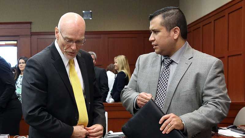 George Zimmerman, with attorney Don West (left), during a recess on the 17th day of Zimmerman's trial in Seminole circuit court, in Sanford, Fla., Tuesday, July 2, 2013. Zimmerman is charged with 2nd-degree murder in the fatal shooting of Trayvon Martin, an unarmed teen, in 2012. (Joe Burbank/Orlando Sentinel/POOL)