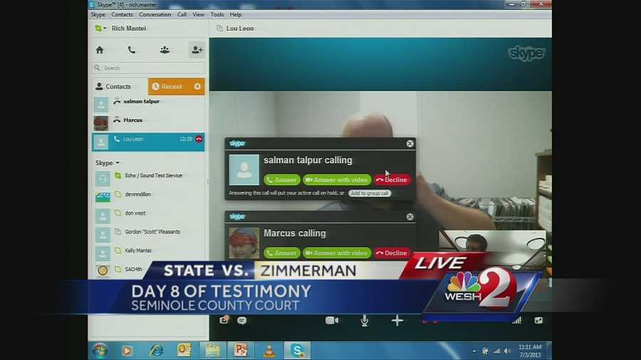 In pehaps the weirdest moment so far in the George Zimmerman trial, a witness who attempted to give his testimony over Skype was interrupted by people who saw the witness's name and bombarded him with calls. The court abandoned Skype and talked to him on the phone instead.