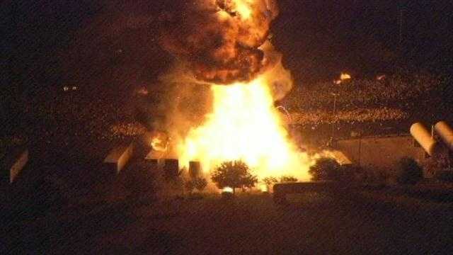 Fire engulfed several trucks at a propane tank plant in Tavares, Fla., on Monday night.