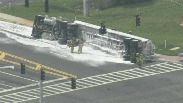 Tanker truck flips, spills fuel on road in Kissimmee