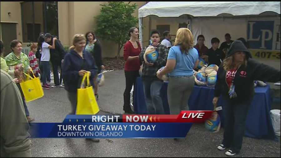 Central Florida residents in need of a free turkey for Thanksgiving lined up at the Pendas Law Firm in Orlando early Tuesday morning.