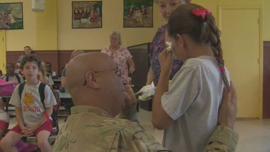 Army Staff Sgt. Anthony Petrelli, of Daytona Beach, returned home to surprise his 9-year-old daughter at school.